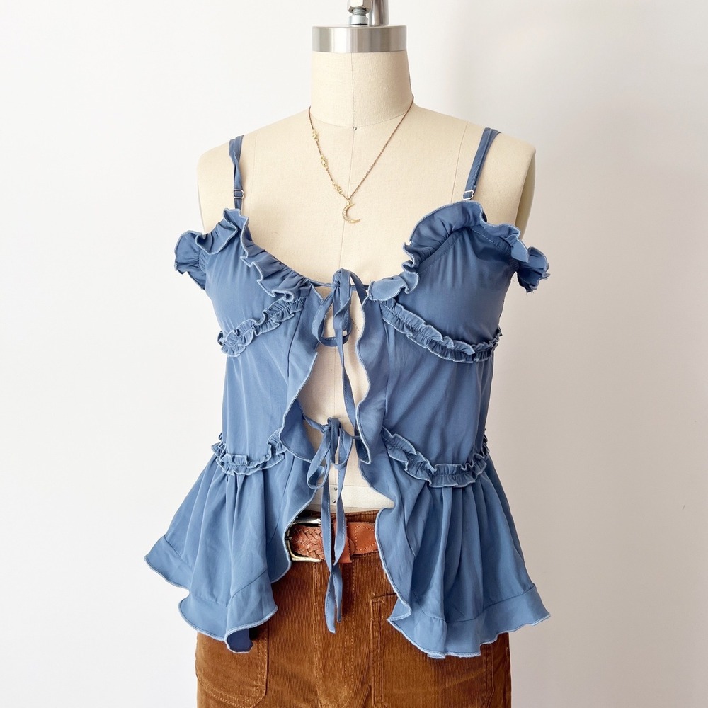 Edikted‎ Juniper Tie Front Ruffled Top Blue Cami Fairycore Girly Romantic Small